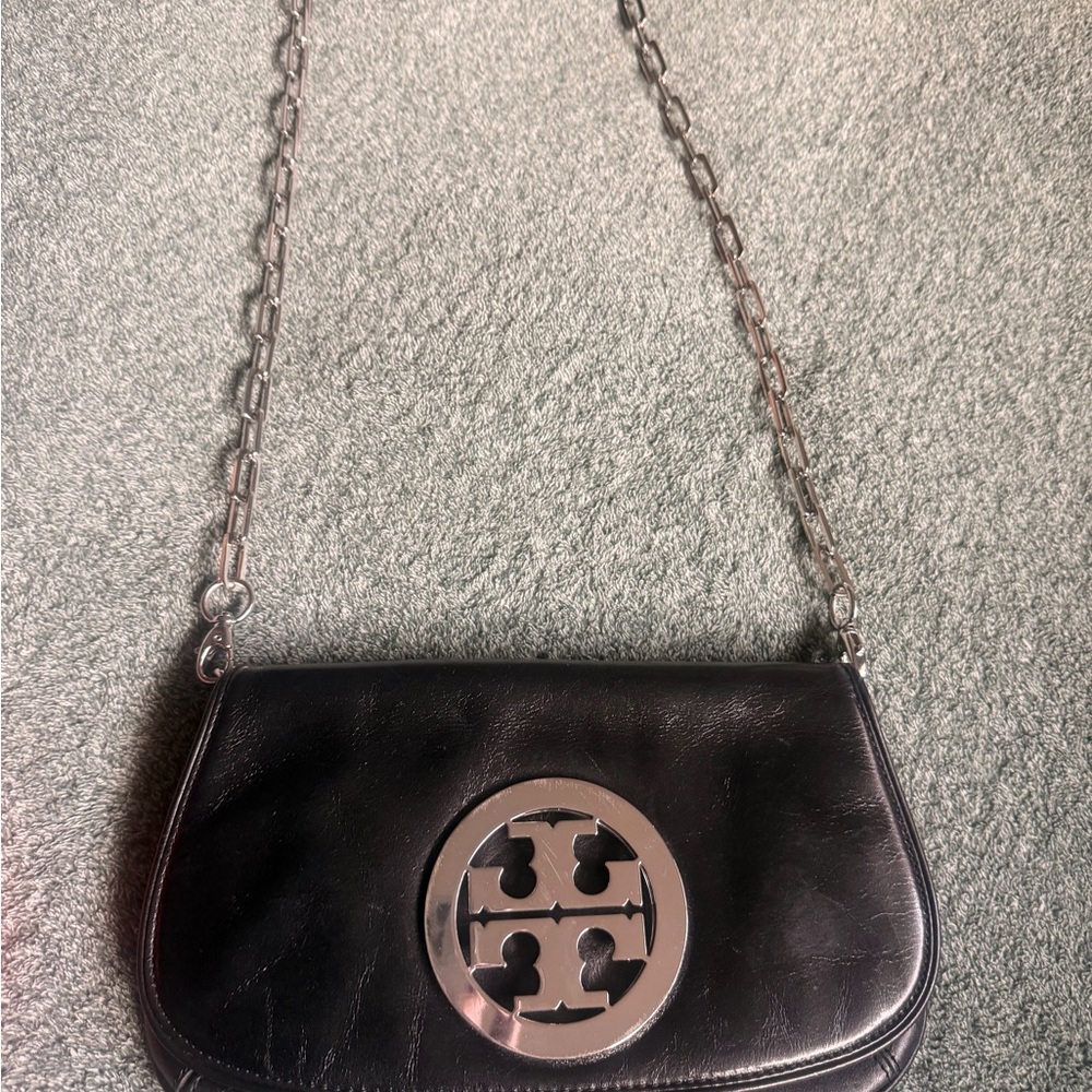 Tory Burch Black Leather Crossbody with Silver Logo Medallion